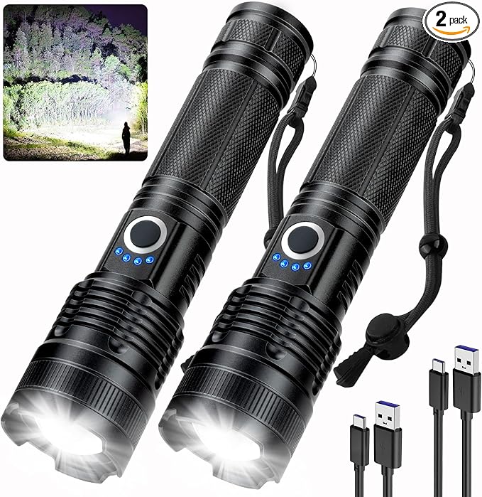 2-Pack LED Flashlights – High Power Rechargeable Torch for Camping, Hiking & Home Use