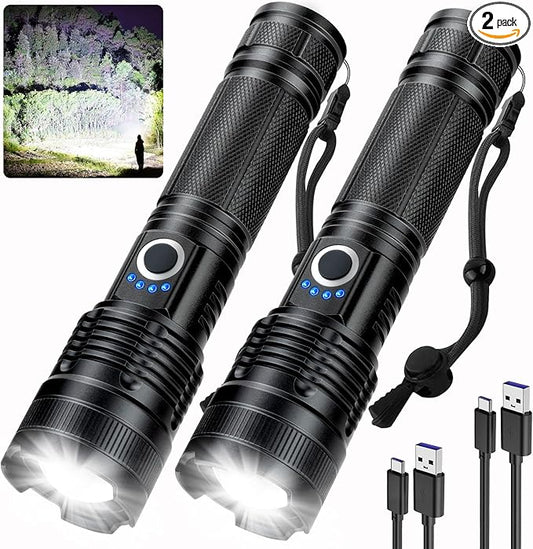 2-Pack LED Flashlights – High Power Rechargeable Torch for Camping, Hiking & Home Use